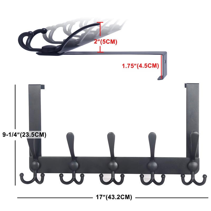 Dseap Over The Door Hook Hanger - Fits 1 3/8" to 1 3/4" Standard Doors | 5 Tri Hooks Heavy Duty Towel/Coat Rack | Door Organizer for Clothes, Jackets, Hats, Towels, Black - Image 2